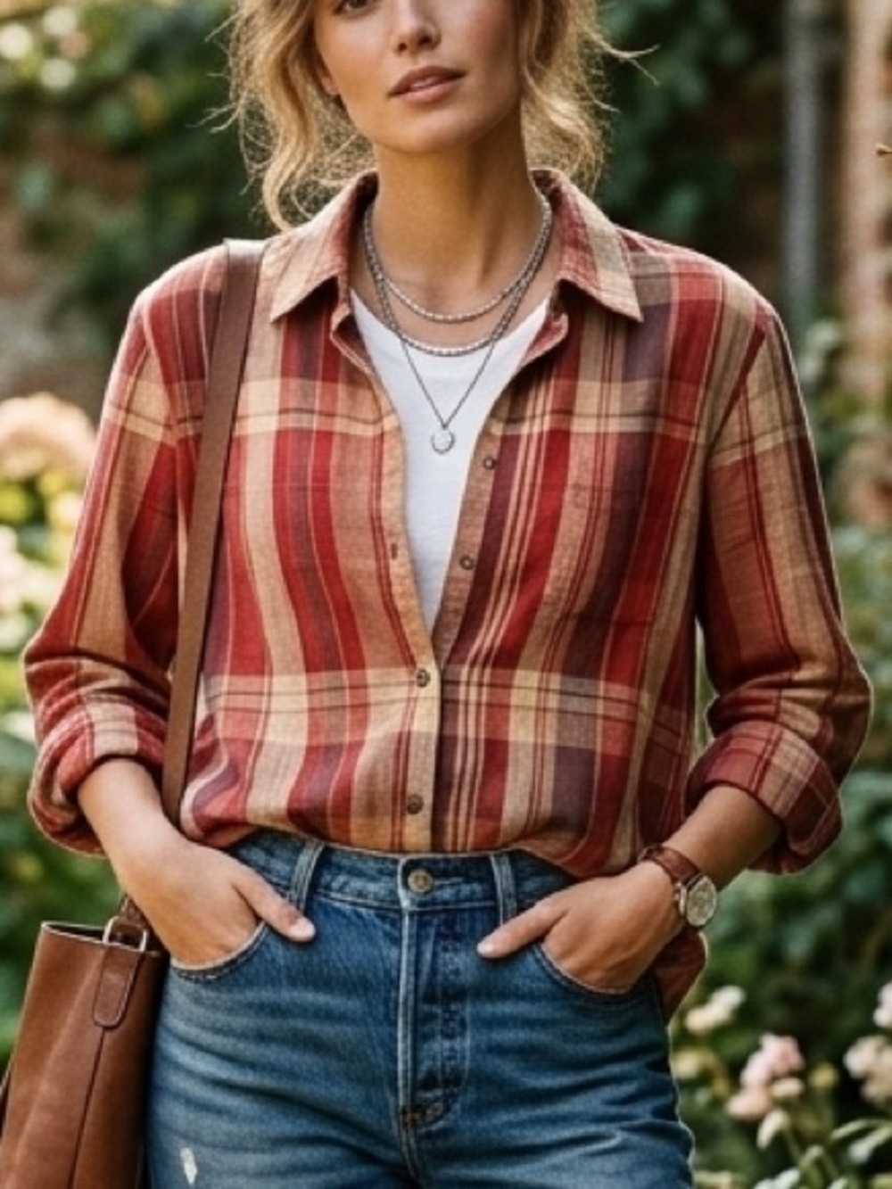 Vintage Linen Autumnal Plaid Classic Button Down Shirt Red Brown Evan-Picone XL